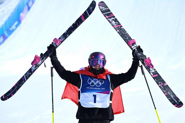 Switzerland's Mathilde Gremaud celebrates winning the freestyle skiing women's freeski slopestyle final during the Milano Cortina 2026 Winter Olympic Games at Livigno Snow Park-Slopestyle, in Livigno (Valtellina), on February 9, 2026. (Photo by Kirill KUDRYAVTSEV / AFP)