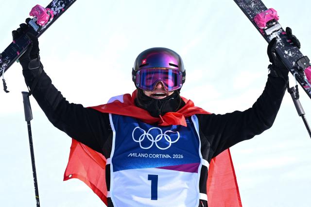 Switzerland's Mathilde Gremaud celebrates winning the freestyle skiing women's freeski slopestyle final during the Milano Cortina 2026 Winter Olympic Games at Livigno Snow Park-Slopestyle, in Livigno (Valtellina), on February 9, 2026. (Photo by Kirill KUDRYAVTSEV / AFP)