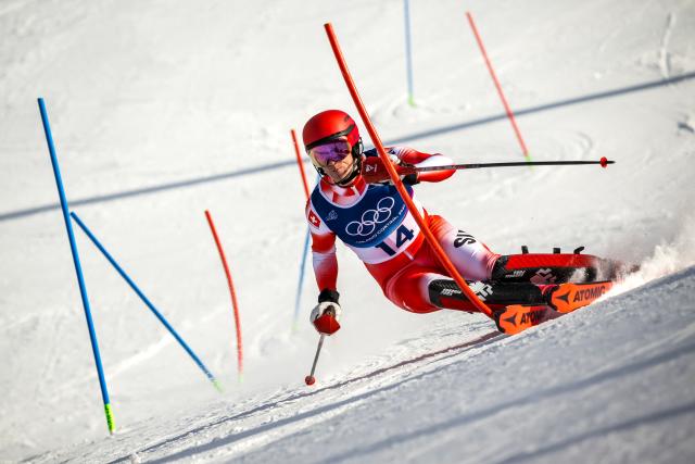 Switzerland's Tanguy Nef competes in the slalom run of the men's team combined alpine skiing event during the Milano Cortina 2026 Winter Olympic Games at the Stelvio Ski Centre in Bormio (Valtellina) on February 9, 2026. (Photo by Fabrice COFFRINI / AFP)