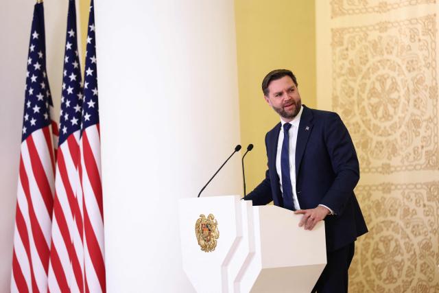 U.S. Vice President JD Vance giveS a press conference following his meeting with (Armenian Prime Minister in Yerevan on February 9, 2026. US Vice President JD Vance is due to kick off a visit to Armenia on February 9, 2026 before travelling to Azerbaijan the next day, US officials said, as Washington seeks to consolidate a US-brokered peace process between the neighbours. (Photo by Kevin Lamarque / AFP)