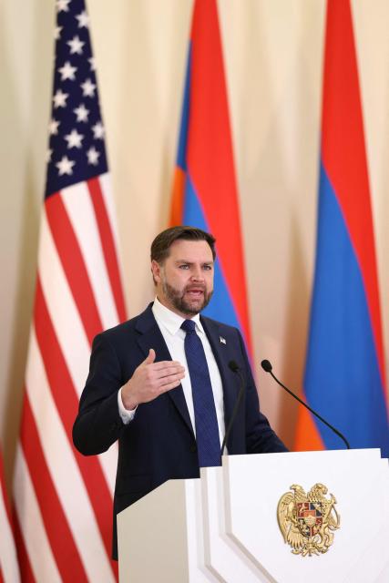 U.S. Vice President JD Vance gives a press conference following his meeting with Armenian Prime Minister in Yerevan on February 9, 2026. US Vice President JD Vance is due to kick off a visit to Armenia on February 9, 2026 before travelling to Azerbaijan the next day, US officials said, as Washington seeks to consolidate a US-brokered peace process between the neighbours. (Photo by Kevin Lamarque / AFP)
