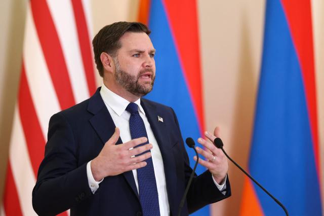 U.S. Vice President JD Vance gives a press conference following his meeting with Armenian Prime Minister in Yerevan on February 9, 2026. US Vice President JD Vance is due to kick off a visit to Armenia on February 9, 2026 before travelling to Azerbaijan the next day, US officials said, as Washington seeks to consolidate a US-brokered peace process between the neighbours. (Photo by Kevin Lamarque / AFP)