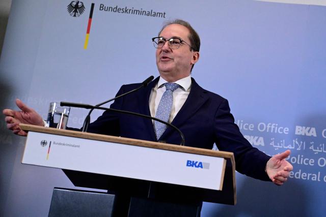 German Interior Minister Alexander Dobrindt addresses a press conference at the Joint Counter-Terrorism Center (GTAZ) in Berlin on February 9, 2026. (Photo by John MACDOUGALL / AFP)