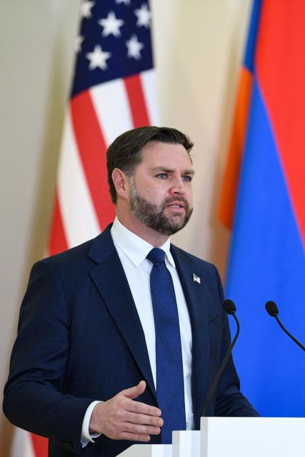 US Vice President JD Vance speaks during a joint press conference with Armenian Prime Minister following their talks in Yerevan on February 9, 2026. (Photo by KAREN MINASYAN / AFP)