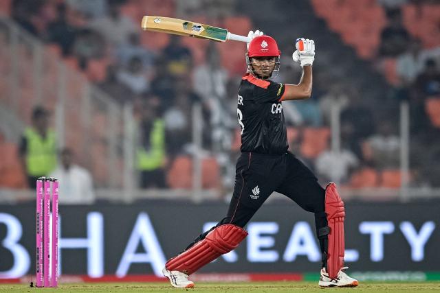 Canada's Harsh Thaker plays a shot during the 2026 ICC Men's T20 Cricket World Cup group stage match between South Africa and Canada at the Narendra Modi Stadium in Ahmedabad on February 9, 2026. (Photo by Shammi MEHRA / AFP)