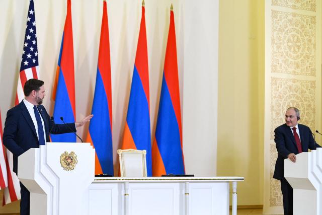 Armenian Prime Minister Nikol Pashinyan and US Vice President JD Vance give a joint press conference following their talks in Yerevan on February 9, 2026. (Photo by KAREN MINASYAN / AFP)