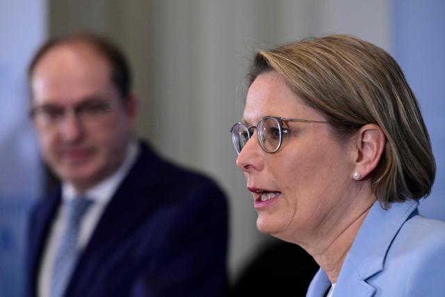 German Interior Minister Alexander Dobrindt and German Minister for Justice and Consumer Protection Stefanie Hubig (R) attend a meeting as they visit the Joint Counter-Terrorism Center (GTAZ) in Berlin on February 9, 2026. (Photo by John MACDOUGALL / AFP)