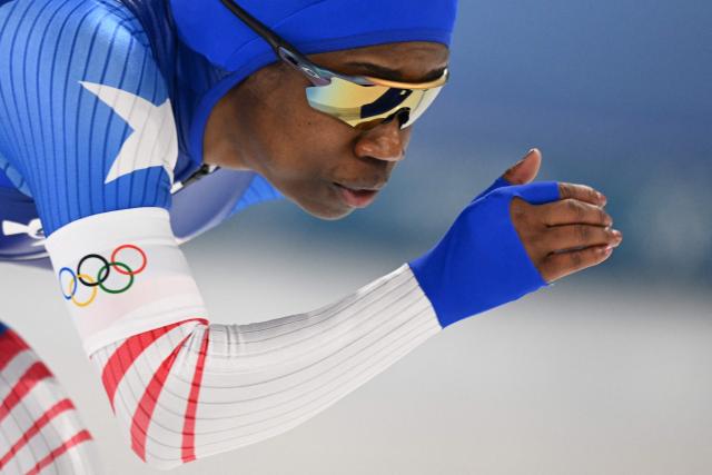 US' Erin Jackson competes in the speed skating women's 1000m during the Milano Cortina 2026 Winter Olympic Games at Milano Speed Skating Stadium in Milan on February 9, 2026. (Photo by Daniel MUNOZ / AFP)