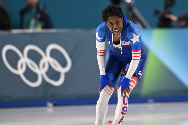 US' Erin Jackson reacts after competing in the speed skating women's 1000m during the Milano Cortina 2026 Winter Olympic Games at Milano Speed Skating Stadium in Milan on February 9, 2026. (Photo by Daniel MUNOZ / AFP)