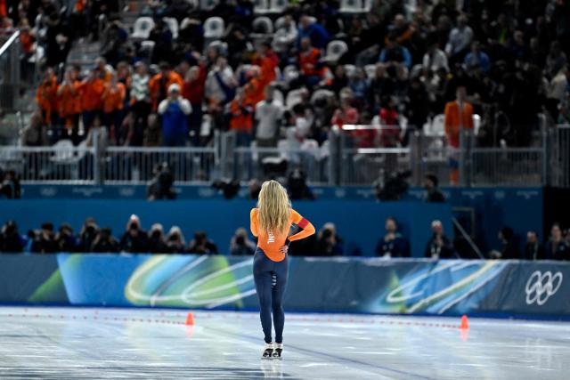 Netherlands' Jutta Leerdam reacts after winning gold in the speed skating women's 1000m during the Milano Cortina 2026 Winter Olympic Games at Milano Speed Skating Stadium in Milan on February 9, 2026. (Photo by WANG Zhao / AFP)
