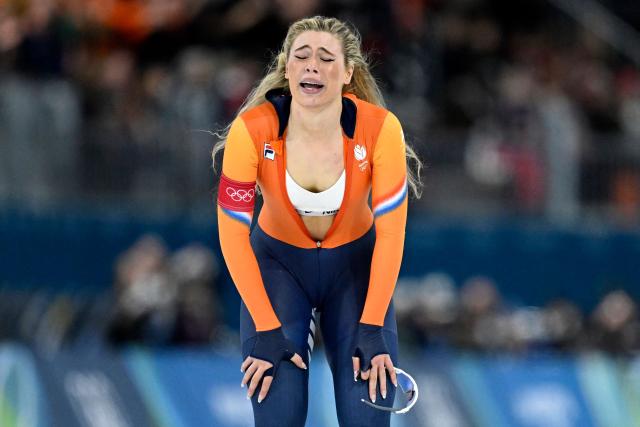 Netherlands' Jutta Leerdam reacts after winning gold in the speed skating women's 1000m during the Milano Cortina 2026 Winter Olympic Games at Milano Speed Skating Stadium in Milan on February 9, 2026. (Photo by WANG Zhao / AFP)