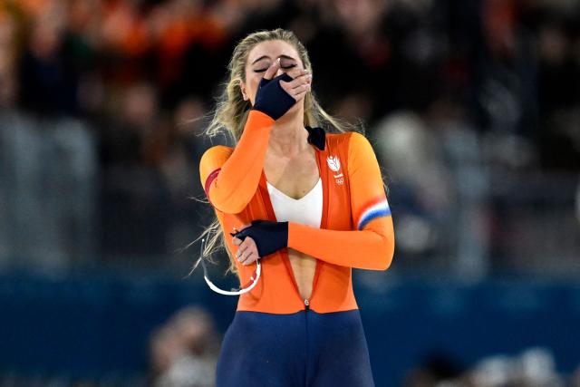 Netherlands' Jutta Leerdam reacts after winning gold in the speed skating women's 1000m during the Milano Cortina 2026 Winter Olympic Games at Milano Speed Skating Stadium in Milan on February 9, 2026. (Photo by WANG Zhao / AFP)