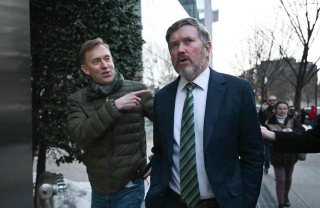 US Representatives Thomas Massie, Republican from Kentucky, speaks to a reporter as he leaves the Department of Justice after a press conference in Washington, DC, on February 9, 2026. Members of Congress will be allowed to review unredacted Jeffrey Epstein files on Department of Justice computers starting on February 9. (Photo by ANDREW CABALLERO-REYNOLDS / AFP)