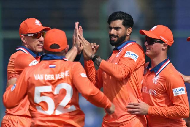 Netherlands' Aryan Dutt (2R) celebrates with teammates after taking the wicket of Namibia's Louren Steenkamp during the 2026 ICC Men's T20 Cricket World Cup group stage match between Netherlands and Namibia at the Arun Jaitley Stadium in New Delhi on February 10, 2026. (Photo by Arun SANKAR / AFP)