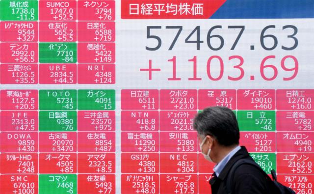 A pedestrian walks past an electronic quotation board displaying numbers of the Nikkei Stock Average on the Tokyo Stock Exchange (top R) along a street in Tokyo on February 10, 2026. (Photo by Kazuhiro NOGI / AFP)