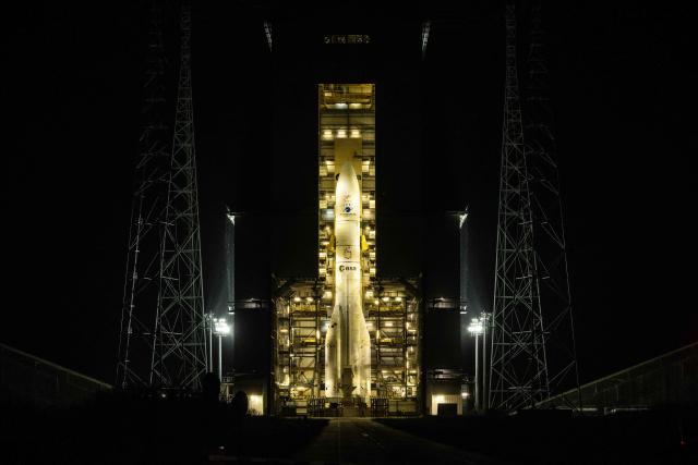 (FILES) The European Space Agency (ESA) satellite launcher Ariane 6 rocket is seen prior to its maiden launch at the Guiana Space Centre in Kourou, French Guiana, on March 3, 2025. The European Space Agency (ESA) Ariane 6 rocket launch, which is scheduled for February 12, 2026, will accelerate the deployment of the Amazon Leo constellation from the group founded by American billionaire Jeff Bezos and designed to compete with Elon Musk's Starlink. (Photo by JULIEN DE ROSA / AFP)