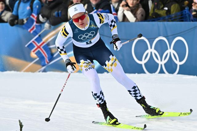 Sweden's Linn Svahn competes during the women's cross country sprint classic qualification event of the Milano Cortina 2026 Winter Olympic Games at Tesero Cross-Country Skiing Stadium in Lago di Tesero (Val di Fiemme), on February 10, 2026. (Photo by Javier SORIANO / AFP)