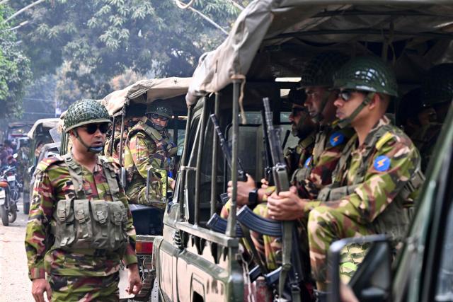 Bangladesh Army personnel patrol in Dhaka on February 10, 2025 ahead of the country's general election on February 12. (Photo by MUNIR UZ ZAMAN / AFP)