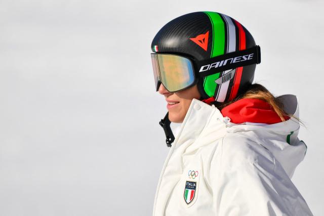 Italy's Sofia Goggia inspects the course prior to the downhill run of the women's team combined event during the Milano Cortina 2026 Winter Olympic Games at the Tofane Alpine Skiing Centre in Cortina d’Ampezzo on February 10, 2026. (Photo by Marco BERTORELLO / AFP)