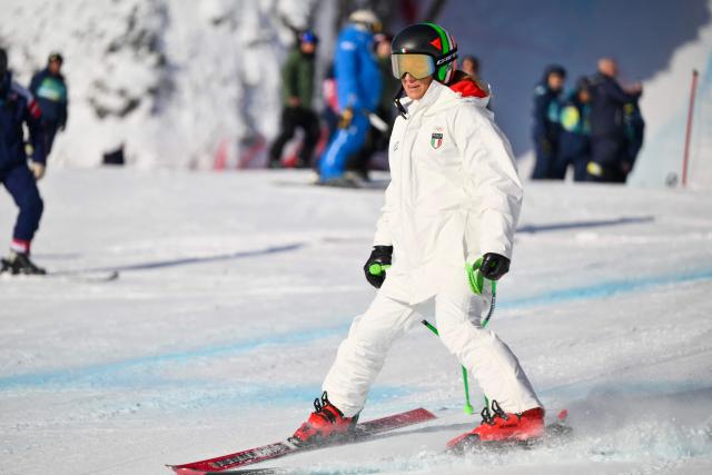 Italy's Sofia Goggia inspects the course prior to the downhill run of the women's team combined event during the Milano Cortina 2026 Winter Olympic Games at the Tofane Alpine Skiing Centre in Cortina d’Ampezzo on February 10, 2026. (Photo by Marco BERTORELLO / AFP)