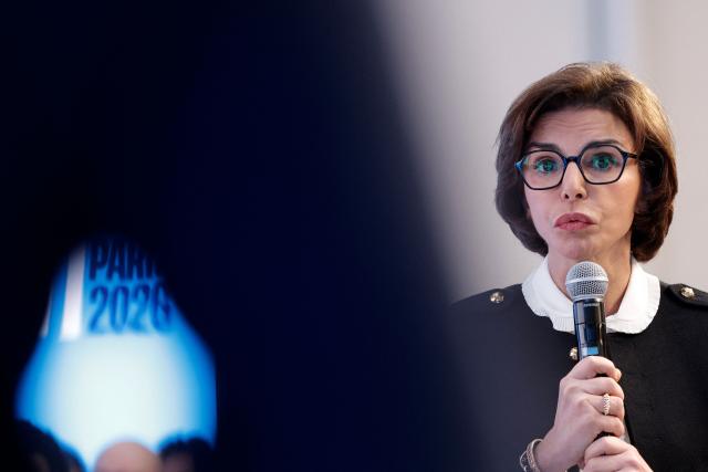 France's Culture Minister Rachida Dati presents her program as a candidate for the Paris Mayor in the upcoming municipal elections, in Paris on February 10, 2026. (Photo by GEOFFROY VAN DER HASSELT / AFP)