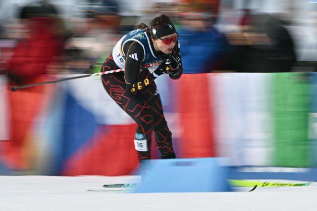 Germany's Coletta Rydzek competes during the women's cross country sprint classic qualification event of the Milano Cortina 2026 Winter Olympic Games at Tesero Cross-Country Skiing Stadium in Lago di Tesero (Val di Fiemme), on February 10, 2026. (Photo by Javier SORIANO / AFP)
