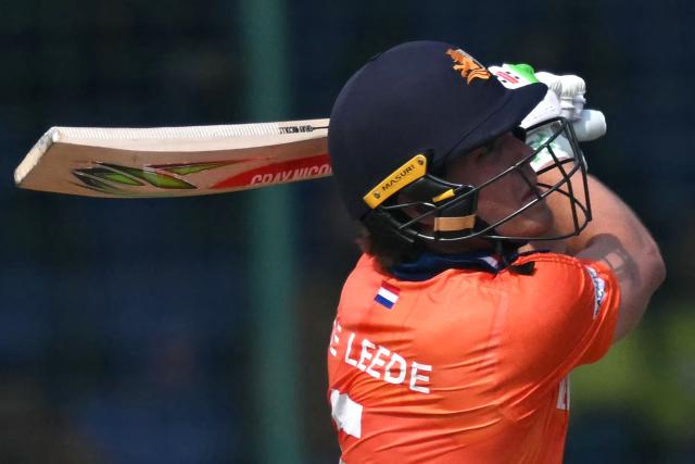 Netherlands' Bas de Leede plays a shot during the 2026 ICC Men's T20 Cricket World Cup group stage match between Netherlands and Namibia at the Arun Jaitley Stadium in New Delhi on February 10, 2026. (Photo by Arun SANKAR / AFP)