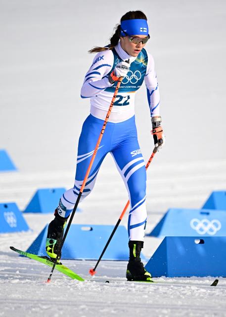 Finland's Jasmin Kahara competes during the women's cross country sprint classic qualification event of the Milano Cortina 2026 Winter Olympic Games at Tesero Cross-Country Skiing Stadium in Lago di Tesero (Val di Fiemme), on February 10, 2026. (Photo by Tobias SCHWARZ / AFP)