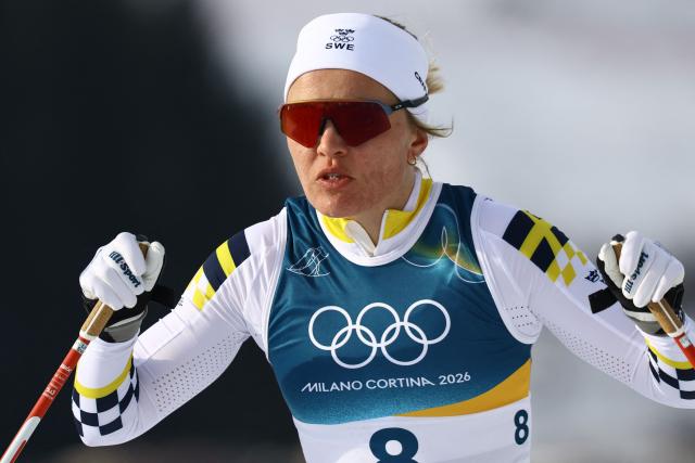 Sweden's Linn Svahn competes during the women's cross country sprint classic qualification event of the Milano Cortina 2026 Winter Olympic Games at Tesero Cross-Country Skiing Stadium in Lago di Tesero (Val di Fiemme), on February 10, 2026. (Photo by Anne-Christine POUJOULAT / AFP)