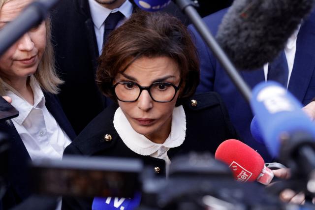 France's Culture Minister Rachida Dati talks to the press after presenting her program as a candidate for the Paris Mayor in the upcoming municipal elections, in Paris on February 10, 2026. (Photo by GEOFFROY VAN DER HASSELT / AFP)