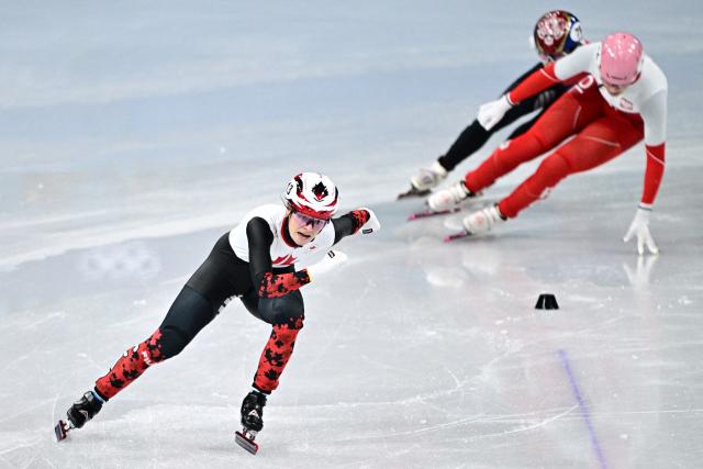 Canada's Kim Boutin competes in the short track speed skating women's 500m heats during the Milano Cortina 2026 Winter Olympic Games at Milano Ice Skating Arena in Milan on February 10, 2026. (Photo by JULIEN DE ROSA / AFP)