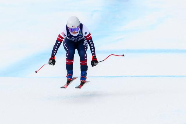 US' Jacqueline Wiles competes in the downhill run of the women's team combined event during the Milano Cortina 2026 Winter Olympic Games at the Tofane Alpine Skiing Centre in Cortina d’Ampezzo on February 10, 2026. (Photo by Marco BERTORELLO / AFP)