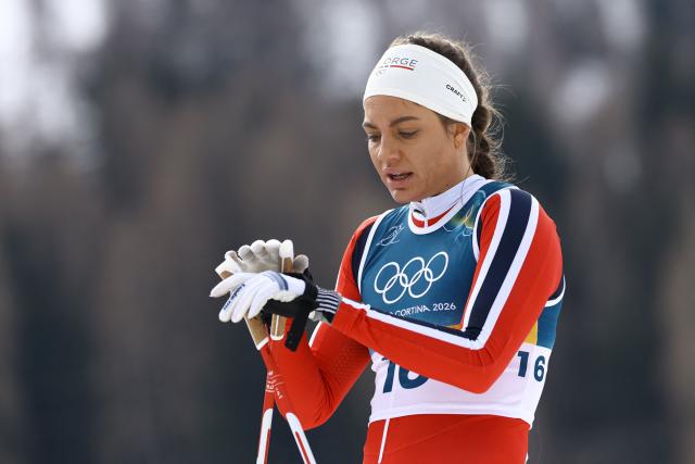 Norway's Kristine Stavaas Skistad reacts after competing in heat 1 of the women's cross country sprint classic quarterfinals event of the Milano Cortina 2026 Winter Olympic Games at Tesero Cross-Country Skiing Stadium in Lago di Tesero (Val di Fiemme), on February 10, 2026. (Photo by Anne-Christine POUJOULAT / AFP)