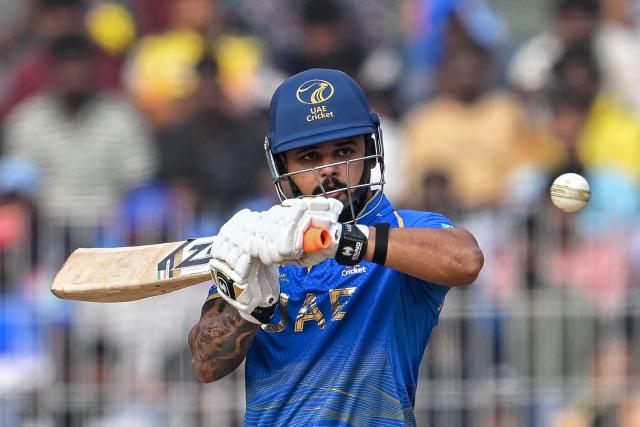 UAE's Mayank Kumar plays a shot during the 2026 ICC Men's T20 Cricket World Cup group stage match between New Zealand and United Arab Emirates at the MA Chidambaram Stadium in Chennai on February 10, 2026. (Photo by R. Satish BABU / AFP)