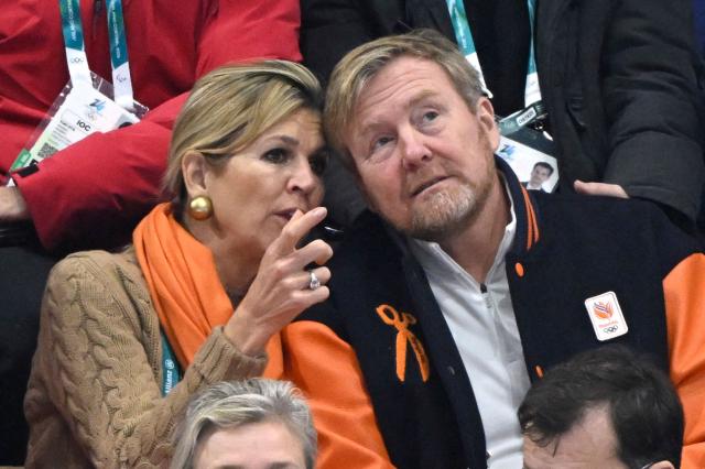 Queen Maxima of the Netherlands (L) and King Willem-Alexander of The Netherlands attend the short track speed skating mixed team relay quarter-final during the Milano Cortina 2026 Winter Olympic Games at Milano Ice Skating Arena in Milan on February 10, 2026. (Photo by WANG Zhao / AFP)