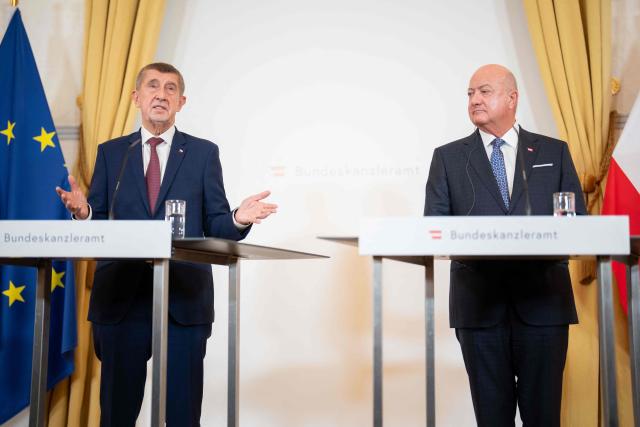 Czech Prime Minister Andrej Babis (L) and Austrian Chancellor Christian Stocker attend a joint press conference ahead a meeting on February 10, 2026 in Vienna. (Photo by GEORG HOCHMUTH / APA / AFP) / Austria OUT