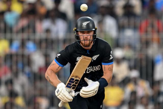 New Zealand's Finn Allen watches the ball after playing a shot during the 2026 ICC Men's T20 Cricket World Cup group stage match between New Zealand and United Arab Emirates at the MA Chidambaram Stadium in Chennai on February 10, 2026. (Photo by R. Satish BABU / AFP)