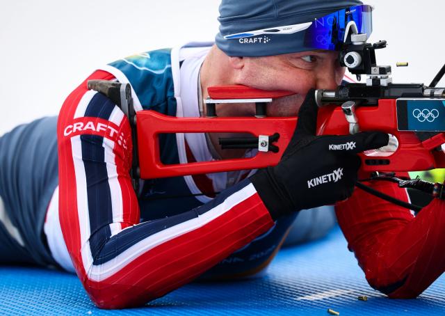 Norway's Johannes Dale-Skjevdal warms up in the shooting range ahead of the men's biathlon 20km individual event during the Milano Cortina 2026 Winter Olympic Games at the Anterselva Biathlon Arena (Sudtirol Arena) in Anterselva (Val Pusteria) on February 10, 2026. (Photo by FRANCK FIFE / AFP)