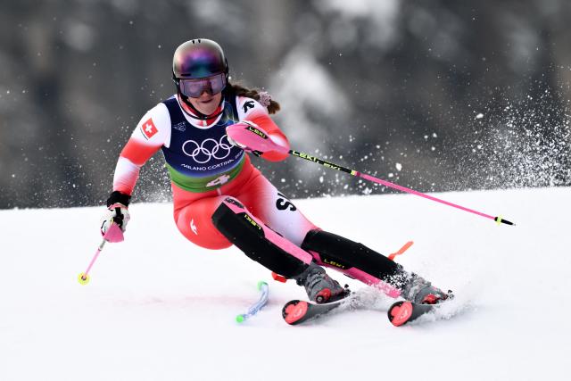 Switzerland's Melanie Meillard competes in the slalom run of the women's team combined event during the Milano Cortina 2026 Winter Olympic Games at the Tofane Alpine Skiing Centre in Cortina d’Ampezzo on February 10, 2026. (Photo by Marco BERTORELLO / AFP)