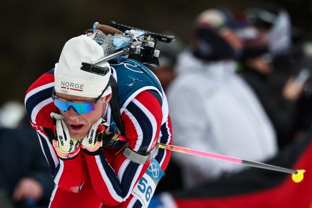 Norway's Martin Uldal skis during the men's biathlon 20km individual event during the Milano Cortina 2026 Winter Olympic Games at the Anterselva Biathlon Arena (Sudtirol Arena) in Anterselva (Val Pusteria) on February 10, 2026. (Photo by FRANCK FIFE / AFP)