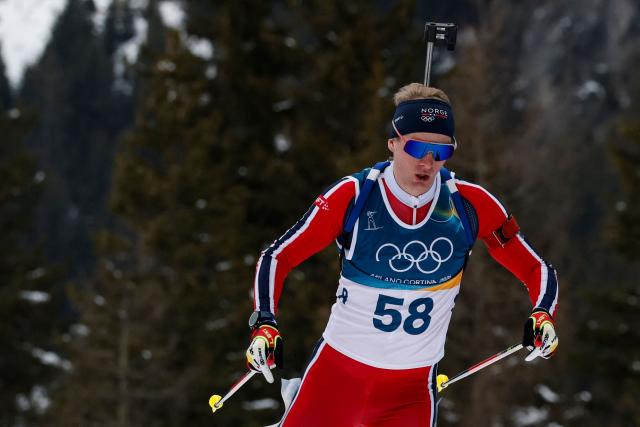 Norway's Johan-Olav Botn skis during the men's biathlon 20km individual event during the Milano Cortina 2026 Winter Olympic Games at the Anterselva Biathlon Arena (Sudtirol Arena) in Anterselva (Val Pusteria) on February 10, 2026. (Photo by Odd ANDERSEN / AFP)