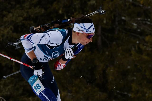 France's Eric Perrot skis during the men's biathlon 20km individual event during the Milano Cortina 2026 Winter Olympic Games at the Anterselva Biathlon Arena (Sudtirol Arena) in Anterselva (Val Pusteria) on February 10, 2026. (Photo by Odd ANDERSEN / AFP)