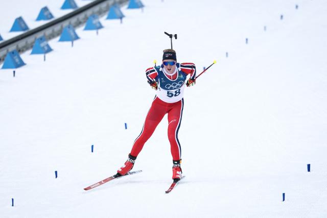 Norway's Johan-Olav Botn skis towards the finish line in the men's biathlon 20km individual event during the Milano Cortina 2026 Winter Olympic Games at the Anterselva Biathlon Arena (Sudtirol Arena) in Anterselva (Val Pusteria) on February 10, 2026. (Photo by FRANCK FIFE / AFP)