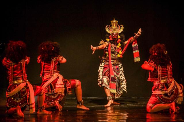 Artists perform a mask dance featuring the heroic Panji characters at Taman Budaya in Surabaya on February 10, 2026. (Photo by Juni KRISWANTO / AFP)