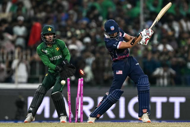 USA's Sanjay Krishnamurthi is clean bowled during the 2026 ICC Men's T20 Cricket World Cup group stage match between Pakistan and USA at the Sinhalese Sports Club (SSC) Ground in Colombo on February 10, 2026. (Photo by Ishara S.KODIKARA / AFP)