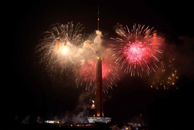 TOPSHOT - Fireworks light up the sky next to Milad Tower in Tehran to mark the 47th anniversary of the Iranian Revolution on February 10, 2026. Iran's Islamic revolution was a defining event of the 1970s, and a clear and early sign that a new world order was unfolding. The country retained its status as a major regional power and influenced events in the Middle East despite violent opposition from Iraq, Israel, Saudi Arabia and the United States. (Photo by ATTA KENARE / AFP)