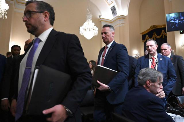 (L/R) Joseph Edlow, Director of US Citizenship and Immigration Services (USCIS), and Todd Lyons, acting director of US Immigration and Customs Enforcement (ICE), depart after a House Committee on Homeland Security hearing on Oversight of the Department of Homeland Security on Capitol Hill in Washington, DC, on February 10, 2026. (Photo by ANDREW CABALLERO-REYNOLDS / AFP)
