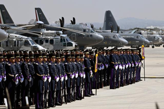 View of cadets of the Air Force during a ceremony marking its 111th anniversary at the Santa Lucia Air Force Base in Zumpango, near Mexico City, on February 10, 2026. (Photo by Alfredo ESTRELLA / AFP)