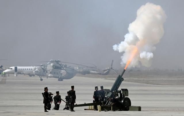 View of cadets of the Air Force during a ceremony marking its 111th anniversary at the Santa Lucia Air Force Base in Zumpango, near Mexico City, on February 10, 2026. (Photo by Alfredo ESTRELLA / AFP)