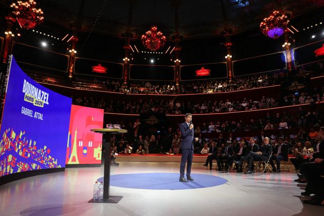 President of Ensemble Pour la Republique parliamentary group Gabriel Attal speaks during a campaign meeting of Paris mayoral center-right candidate Pierre-Yves Bournazel at Cirque d'Hiver in Paris on February 10, 2026. (Photo by Thomas SAMSON / AFP)